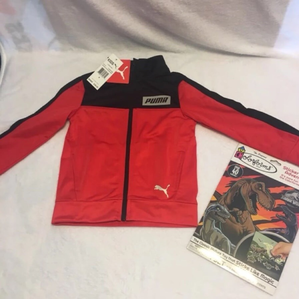 Puma Track Jacket Kids Size 4 Red Black NWT Colorblock Full Zip Sporty Logo